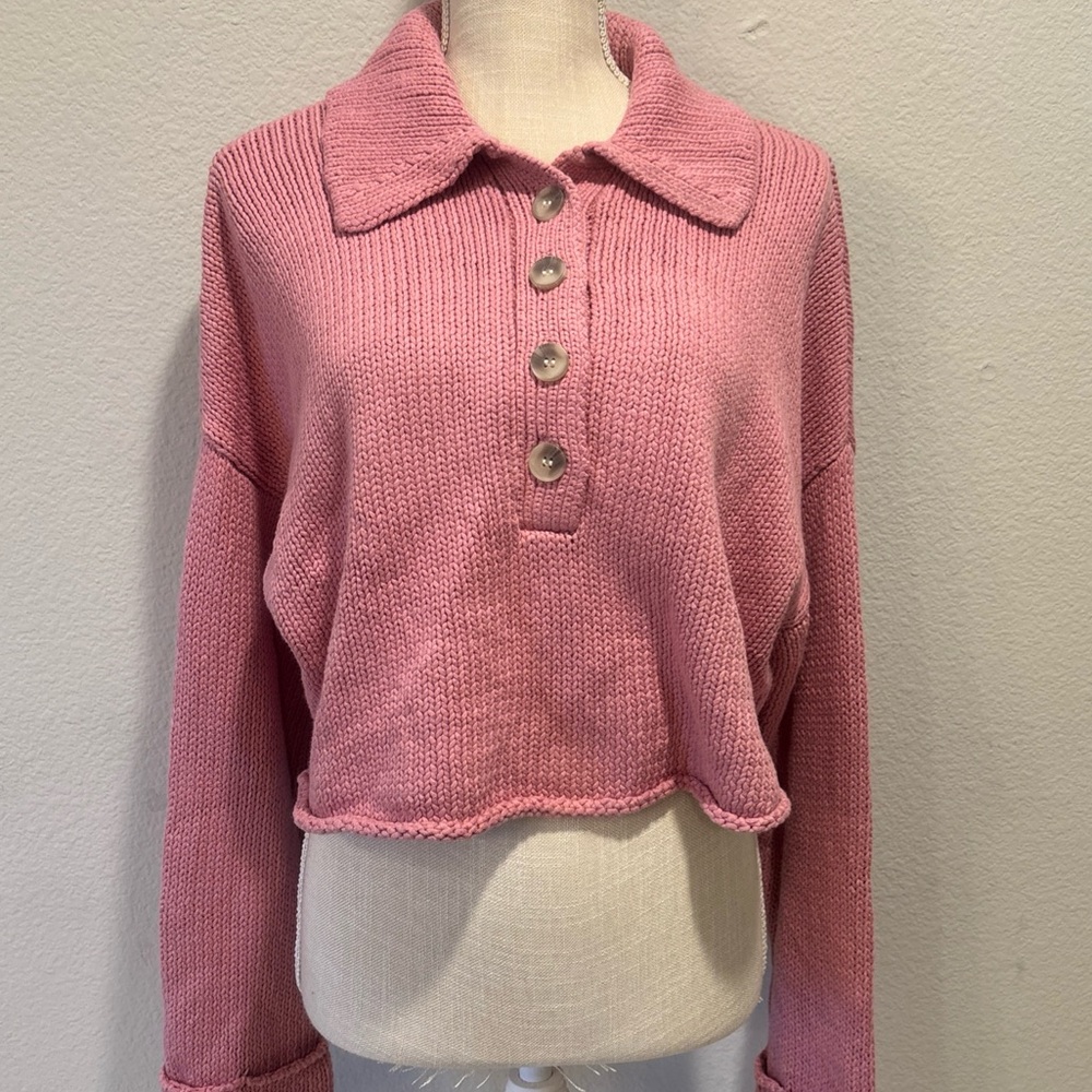 Show Me Your Mumu Crawford Collared Cropped Sweater Pink Knit Size S Cotton